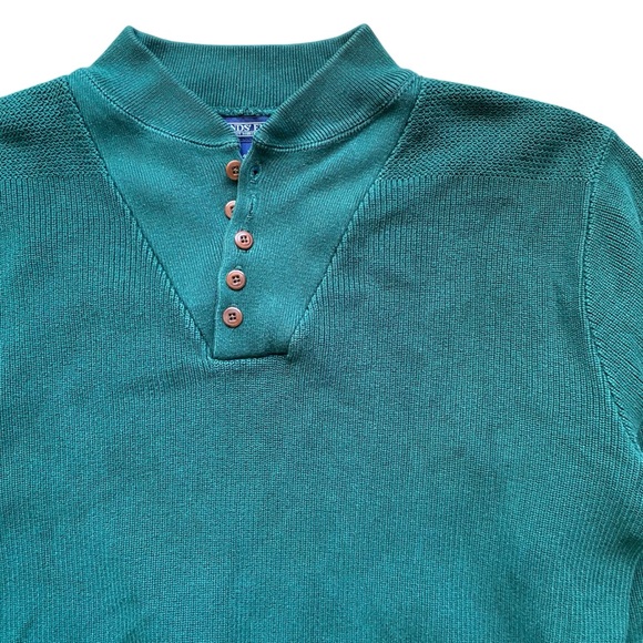 Lands End VTG Knit Fisherman Sweater Mens XL Hunter Green Cotton Henley Heavy - Picture 2 of 9